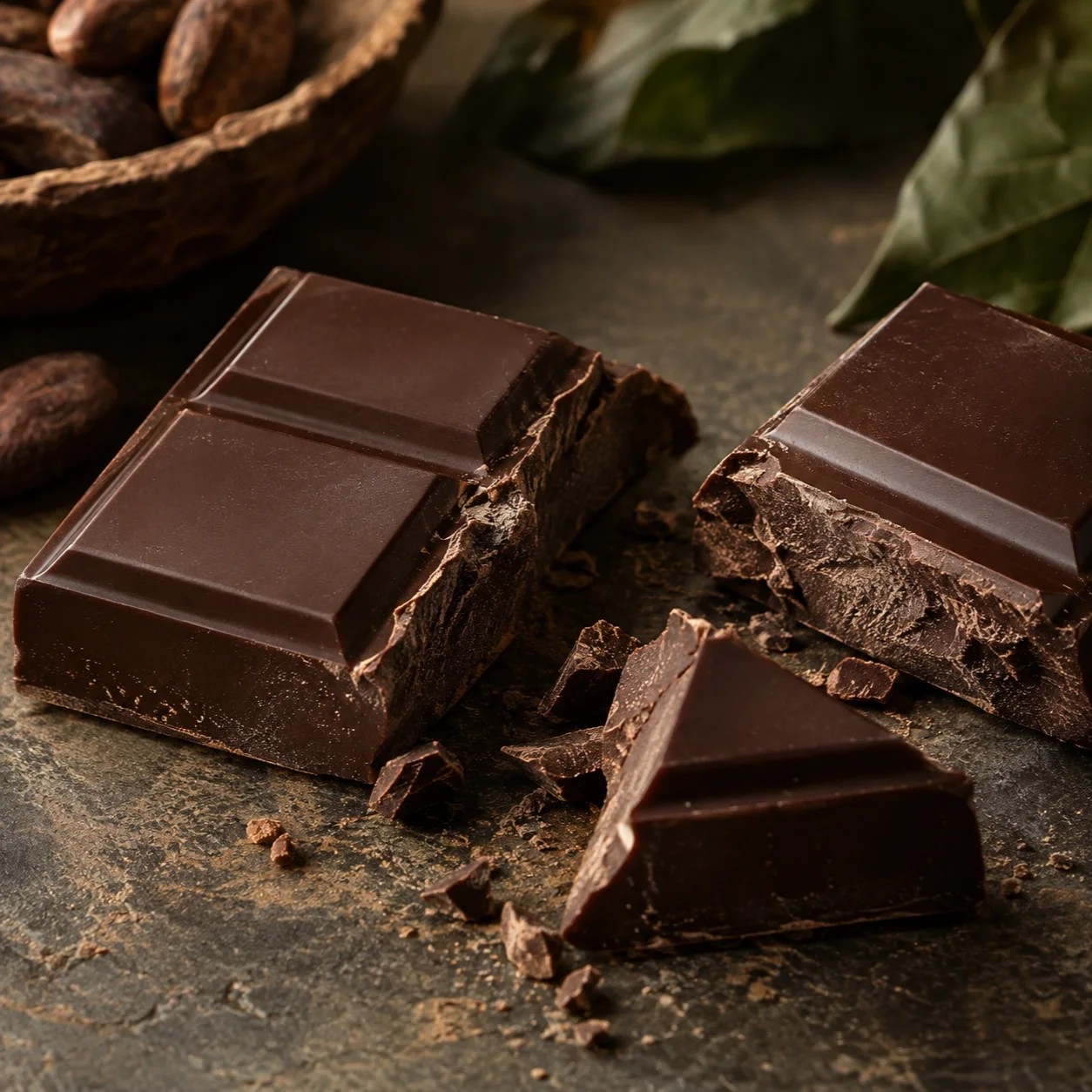 AI visual — Freshly snapped dark chocolate with fine crumbs