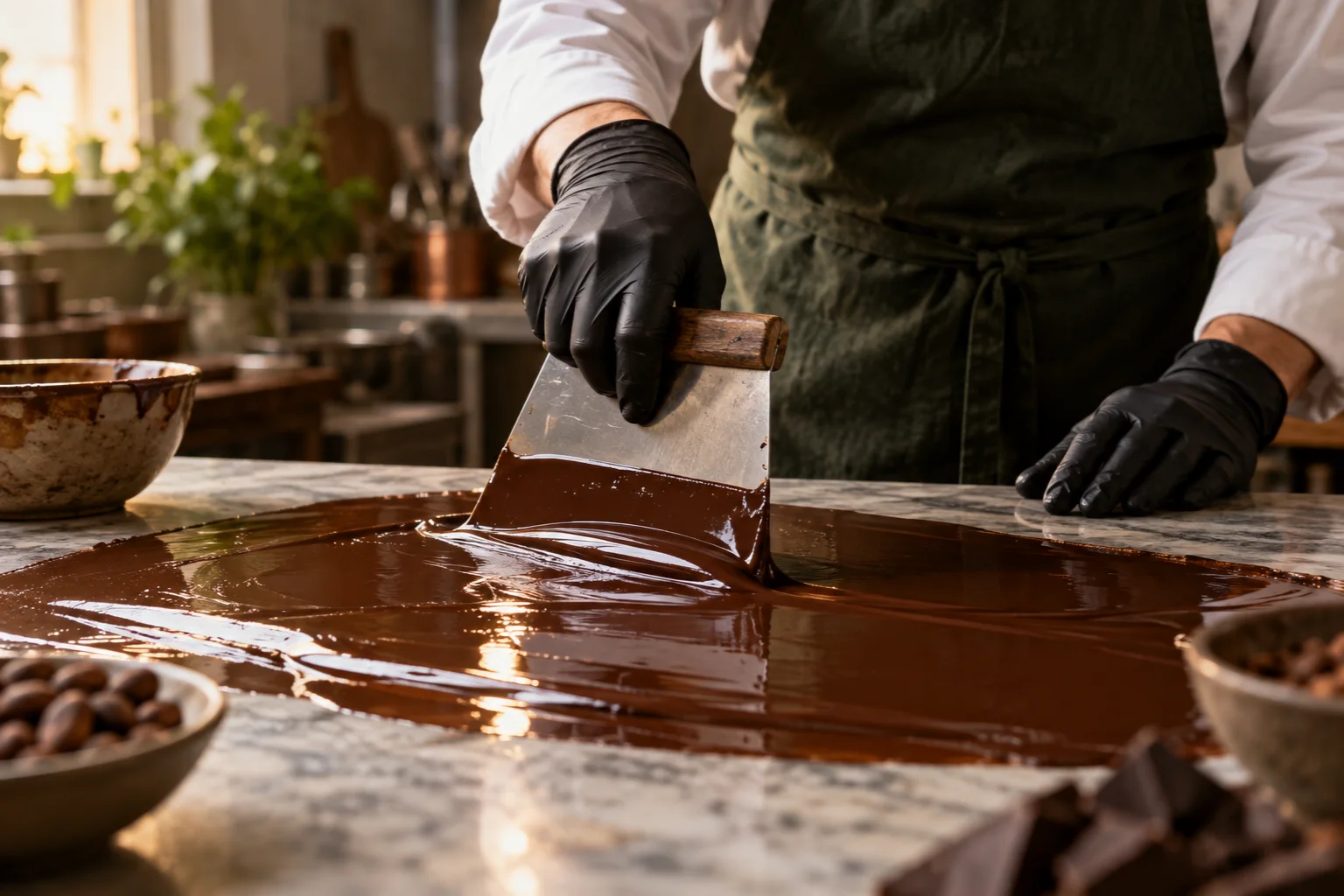 AI visual — Gloved hands tempering chocolate on a marble slab