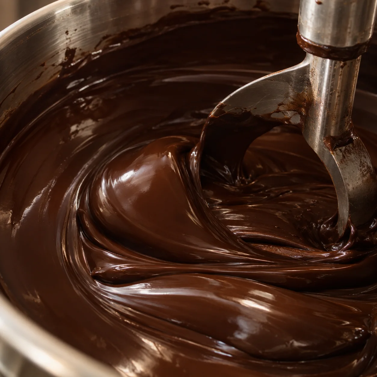 AI visual — Dark chocolate folding inside a mixing vessel