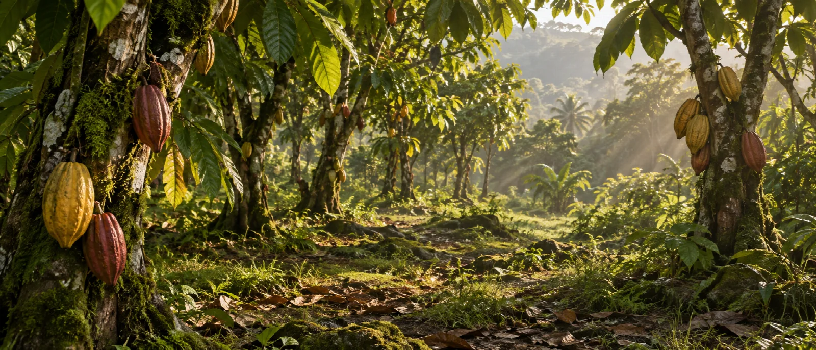 AI visual — A tropical cacao grove in warm morning light