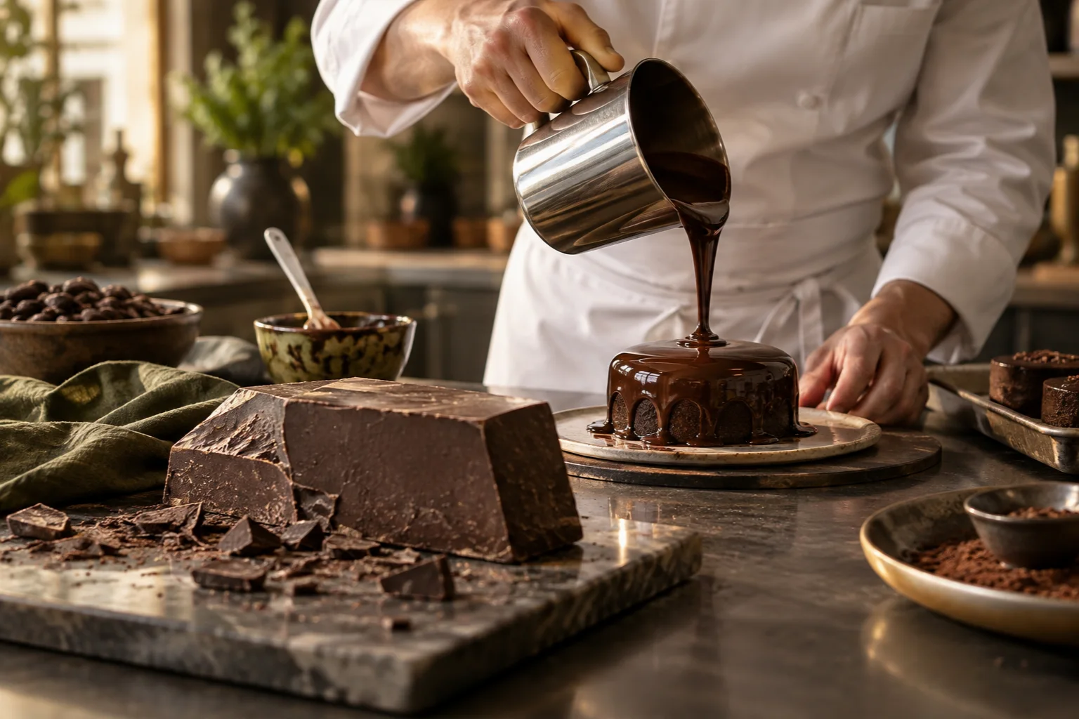 AI visual — A pastry chef pouring chocolate over a dessert