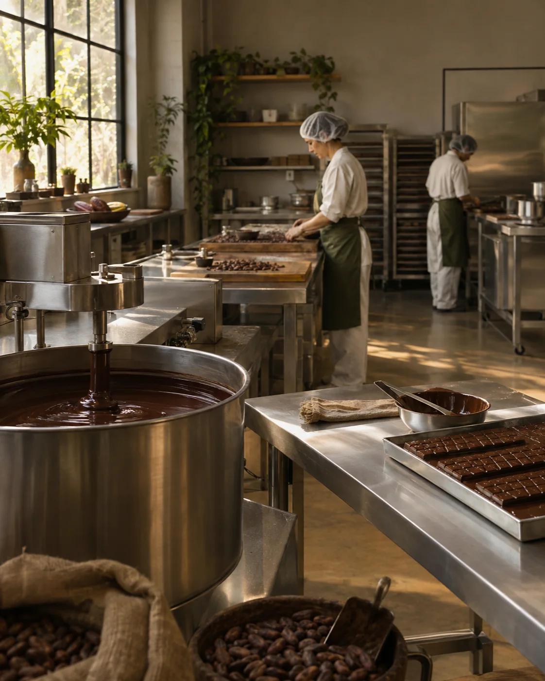 AI visual — A fictional chocolate production room with stainless equipment