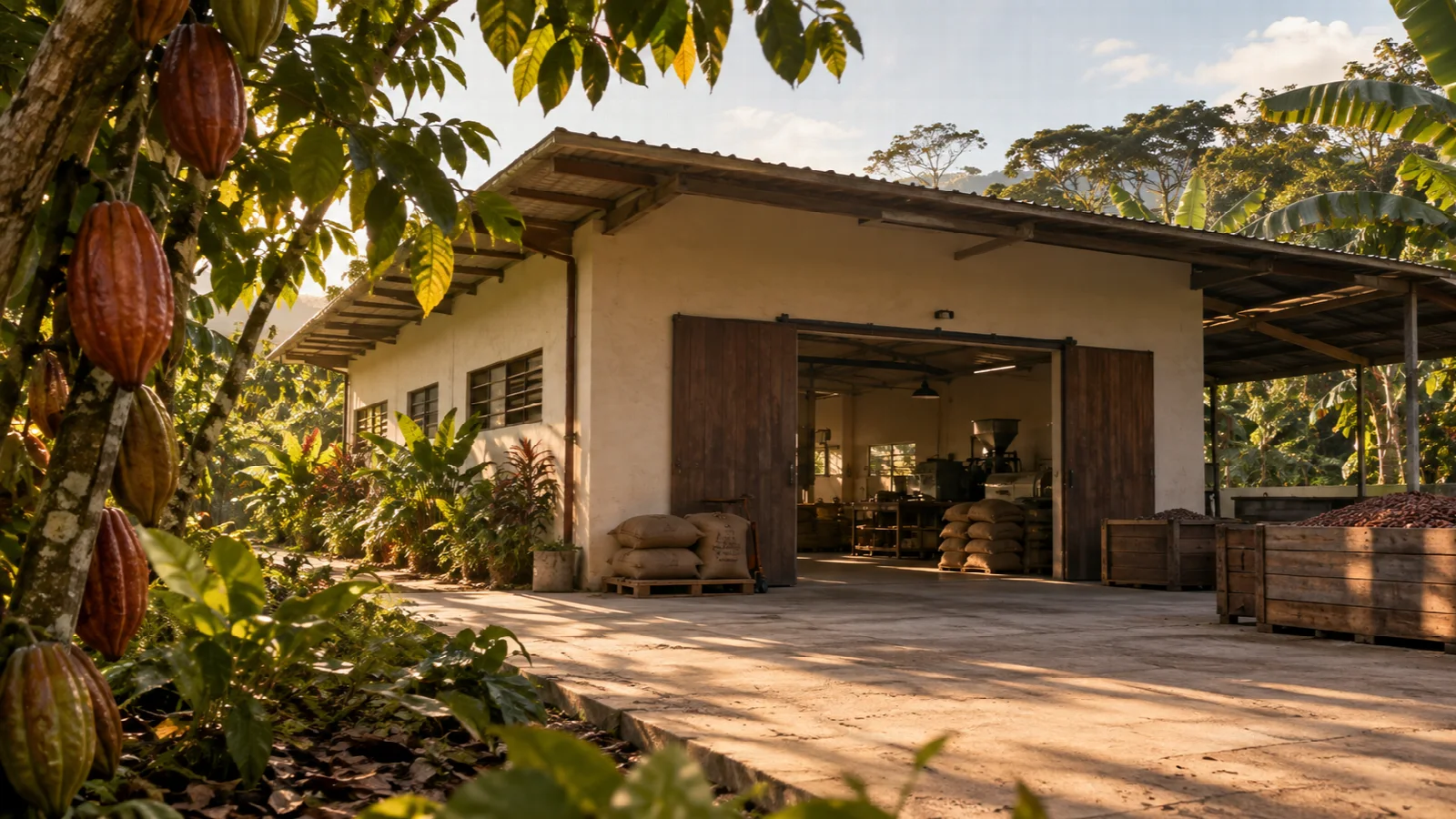 AI visual — A fictional tropical chocolate workshop exterior