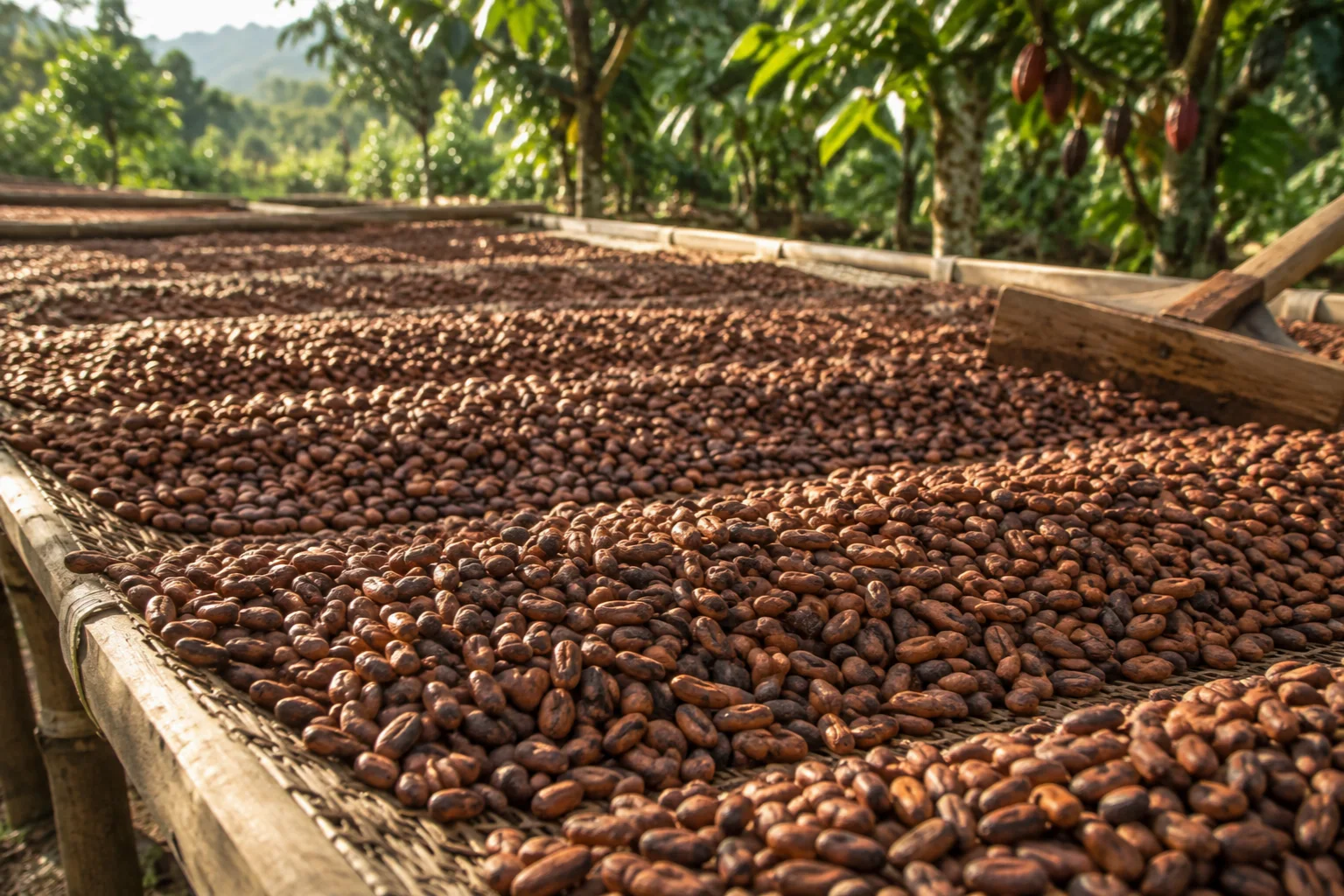 AI visual — Cacao beans drying on a raised woven bed