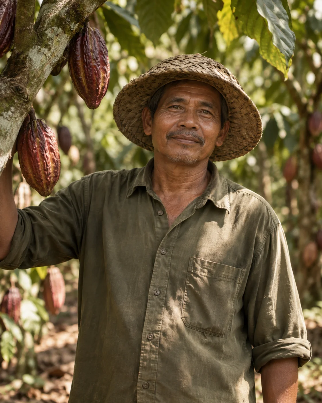 AI visual — A fictional cacao grower standing in a tropical grove