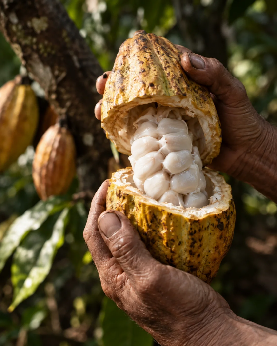 AI visual — Hands holding a freshly opened cacao pod