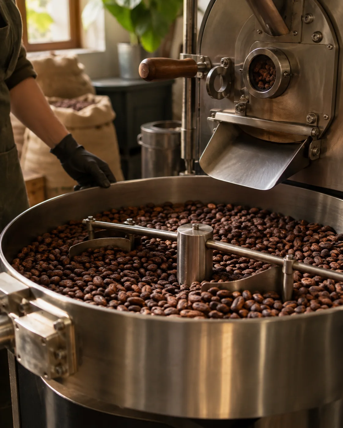 AI visual — Cacao roasting equipment with beans in a cooling tray