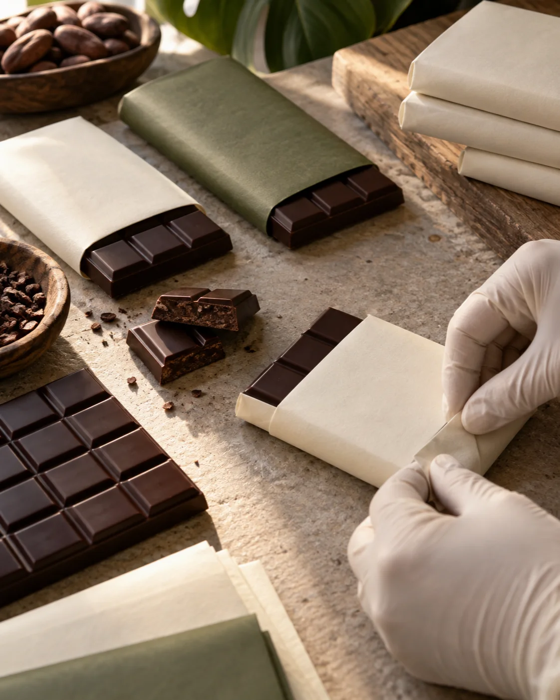 AI visual — Unbranded chocolate bars wrapped in plain cream and olive paper