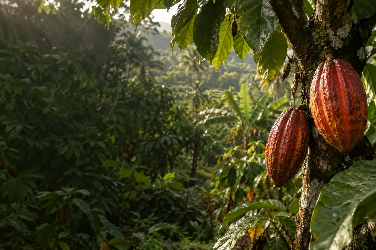 AI concept of ripe cacao pods growing in a leafy garden