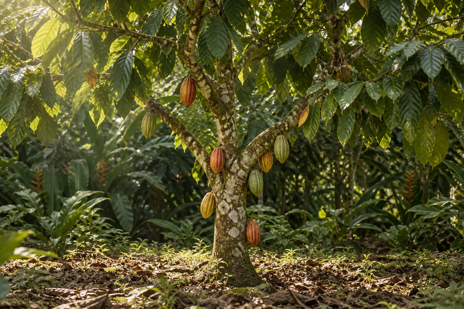 AI concept of a cacao tree with fruit growing along its trunk