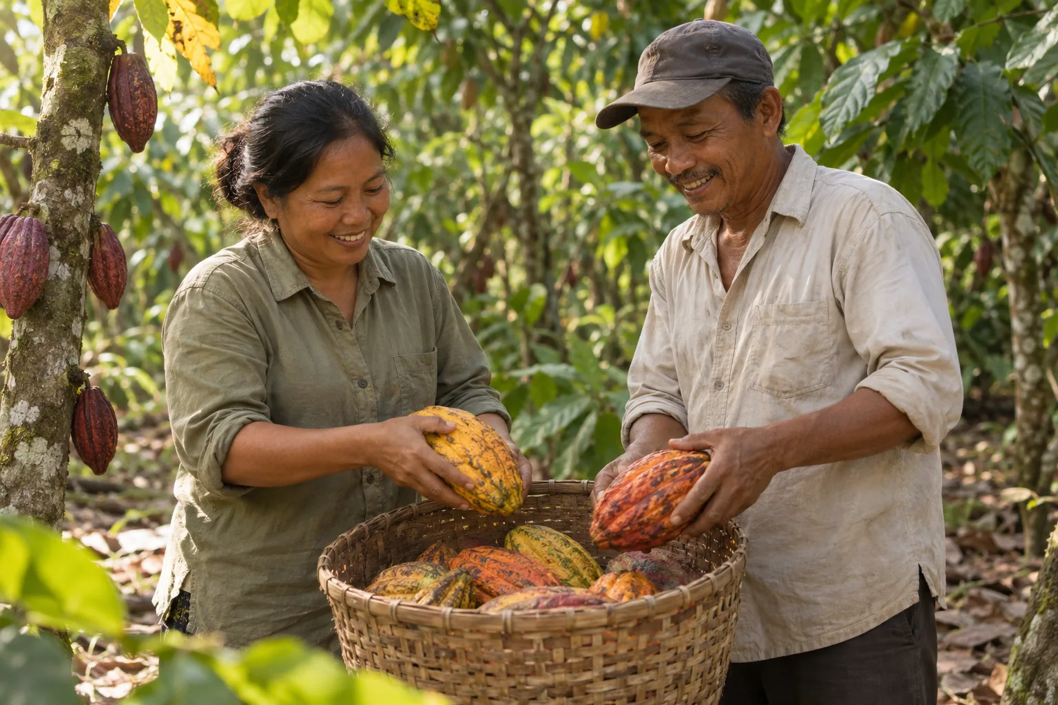 AI concept of two fictional cacao growers sorting pods together