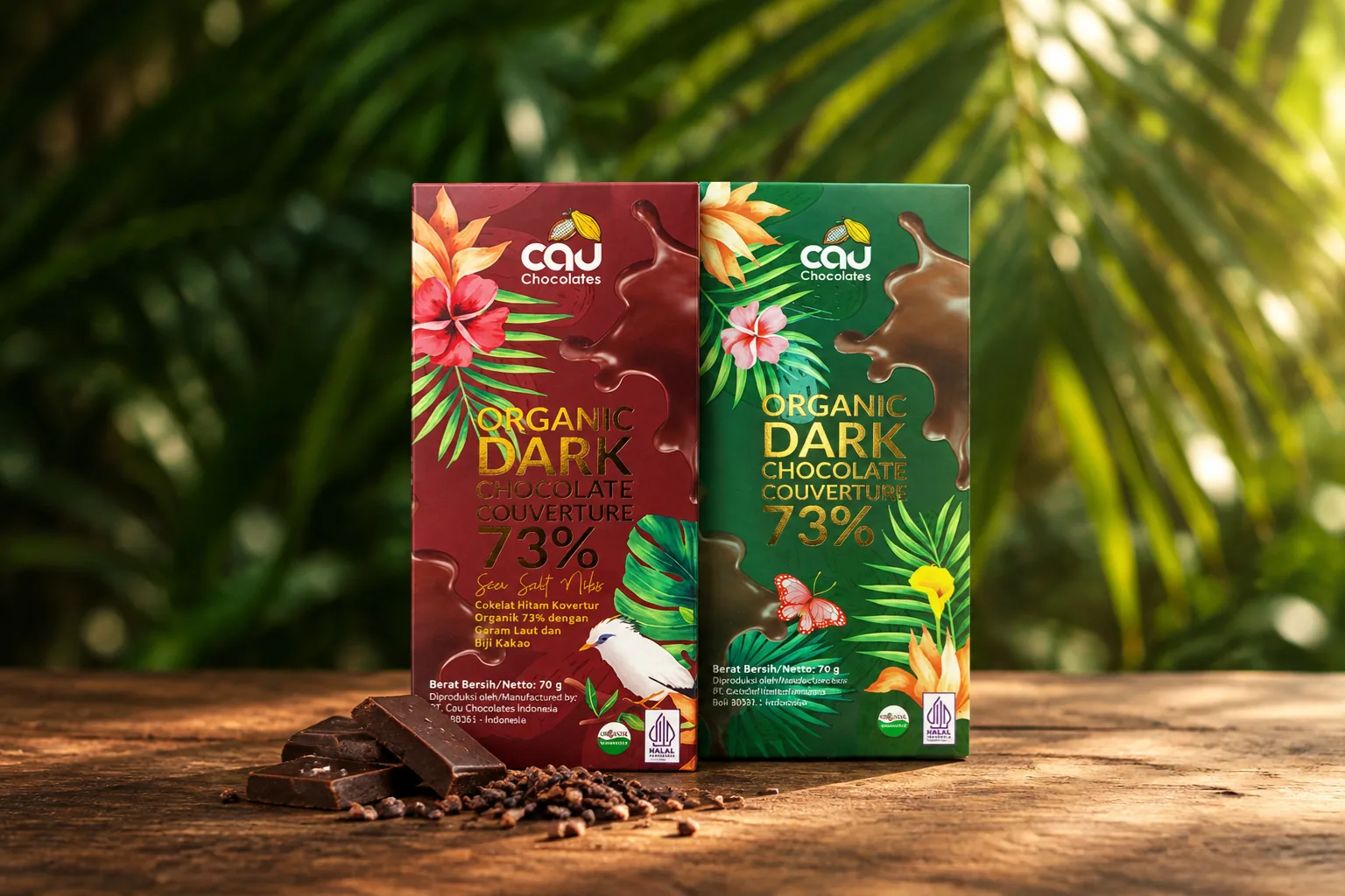 AI visual — CAU Organic Dark Chocolate Couverture 73% bars, Sea Salt Nibs and original, with chocolate pieces (real packaging, AI-styled setting)