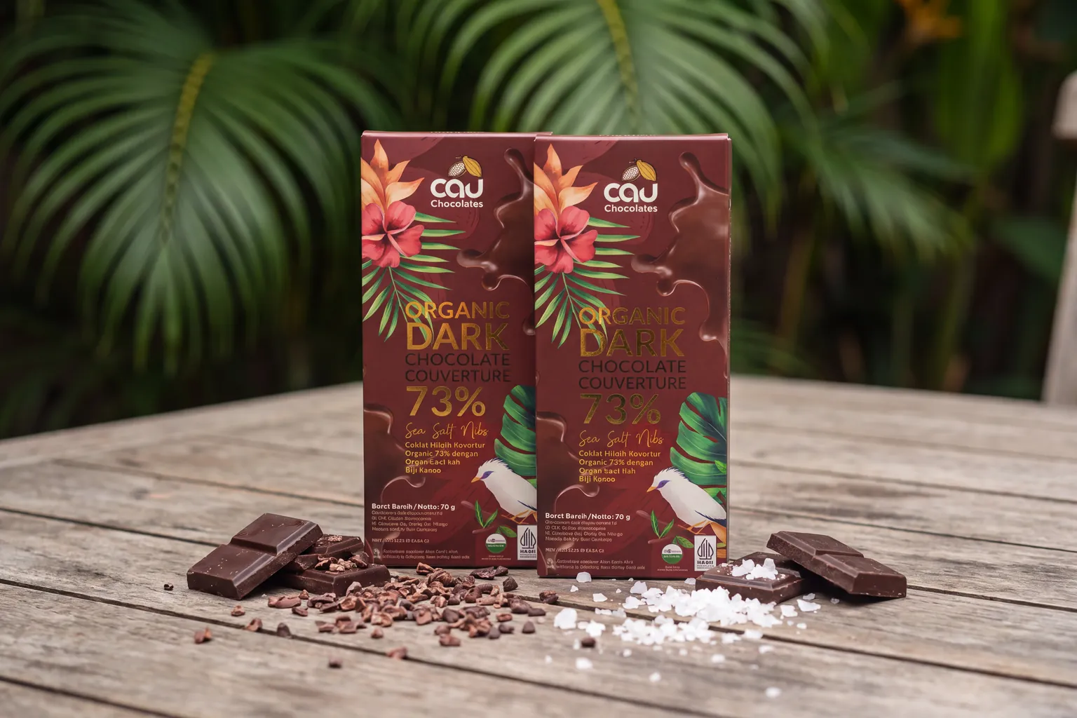 CAU Organic Dark Chocolate 73% Sea Salt Nibs bars with chocolate pieces and cacao nibs, AI-styled setting