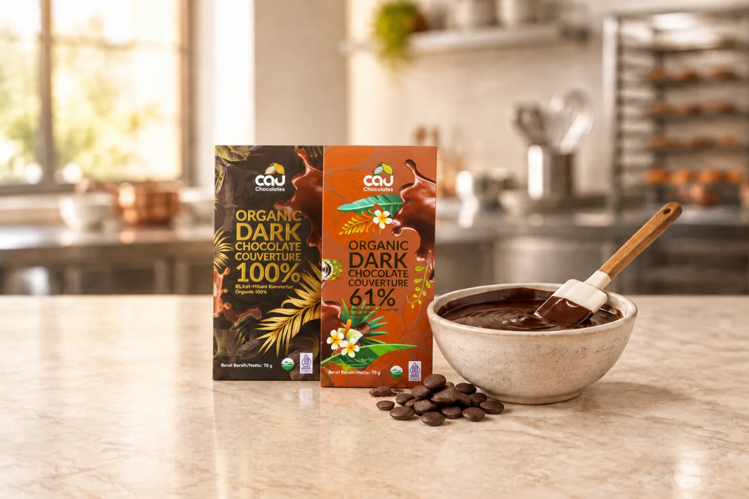AI visual — CAU Organic Dark Chocolate Couverture 100% and 61% boxes beside a bowl of melted chocolate (real packaging, AI-styled setting)