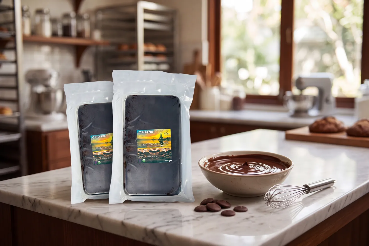 CAU organic dark chocolate couverture packs beside a bowl of melted chocolate, AI-styled setting
