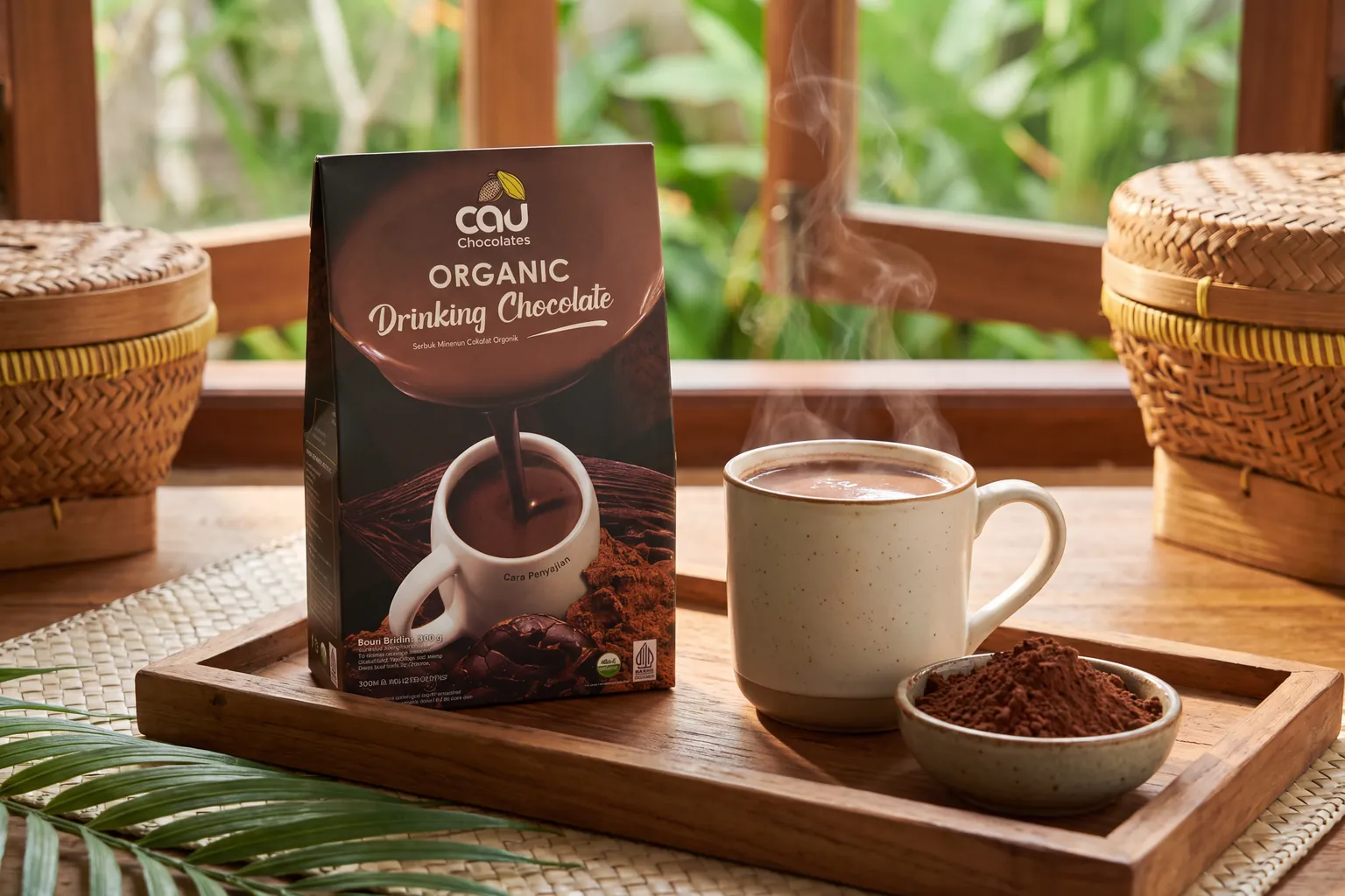 CAU Organic Drinking Chocolate pouch next to a cup of hot chocolate, AI-styled setting