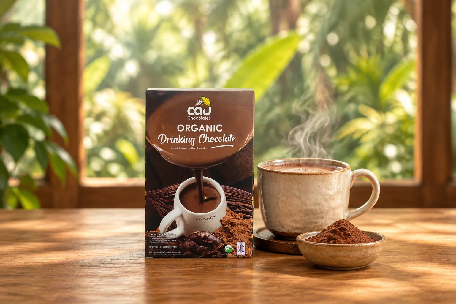 AI visual — CAU Organic Drinking Chocolate box beside a cup of hot chocolate (real packaging, AI-styled setting)