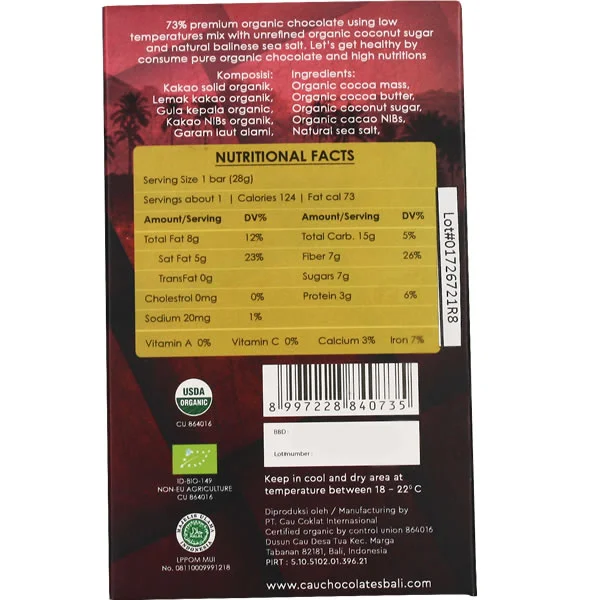 Organic Dark Chocolate 73% with Sea Salt Nibs- 50 gr - Image 3